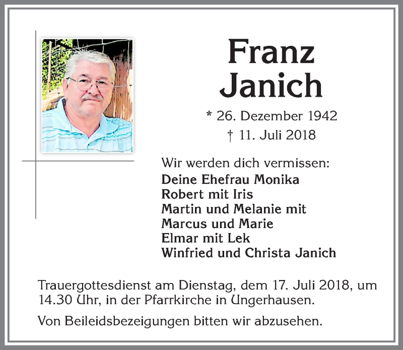 Traueranzeige von Franz Janich von Memminger Zeitung