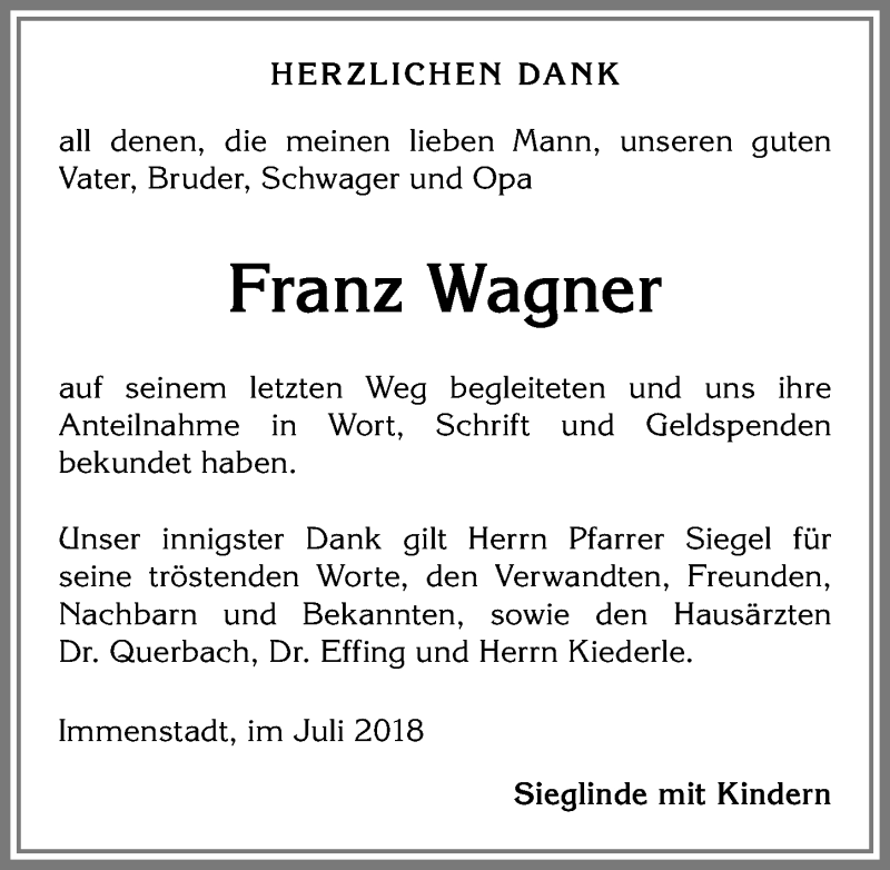 Traueranzeige von Franz Wagner von Allgäuer Anzeigeblatt