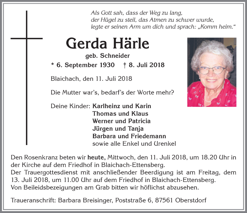 Traueranzeige von Gerda Härle von Allgäuer Anzeigeblatt