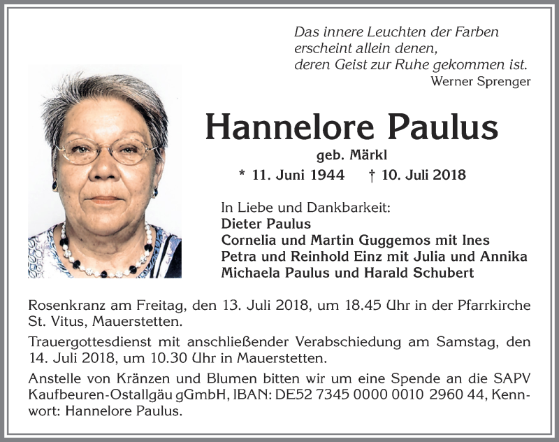 Traueranzeige von Hannelore Paulus von Allgäuer Zeitung, Kaufbeuren/Buchloe