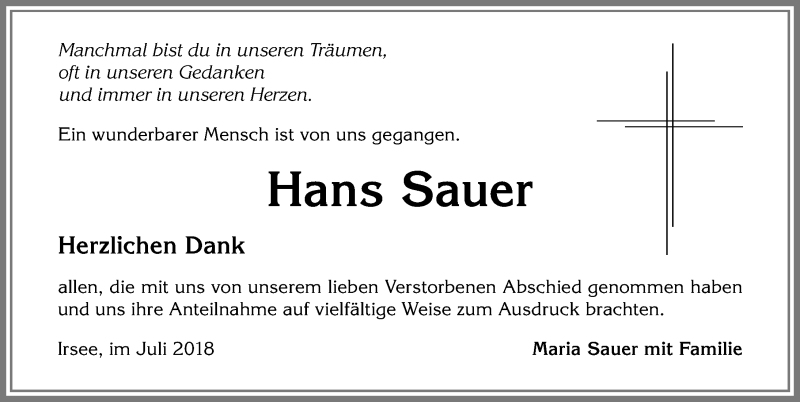 Traueranzeige von Hans Sauer von Allgäuer Zeitung, Kaufbeuren/Buchloe