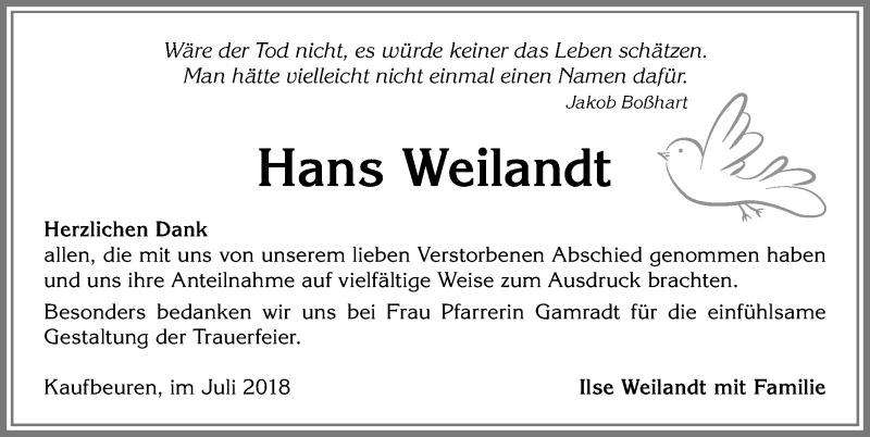 Traueranzeige von Hans Weilandt von Allgäuer Zeitung, Kaufbeuren/Buchloe