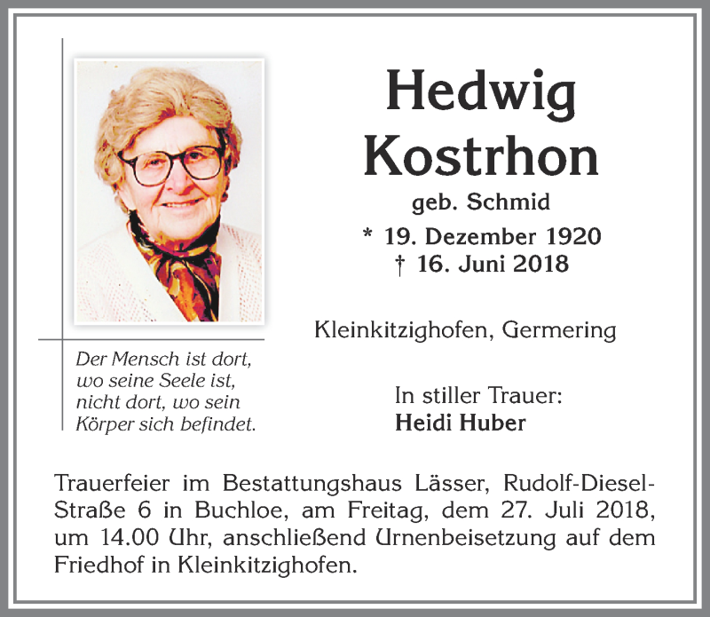 Traueranzeige von Hedwig Kostrhon von Allgäuer Zeitung, Kaufbeuren/Buchloe