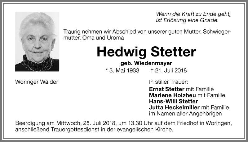 Traueranzeige von Hedwig Stetter von Memminger Zeitung
