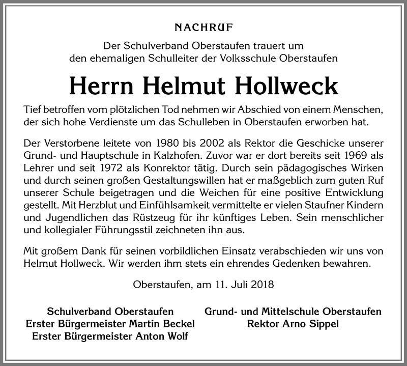 Traueranzeige von Helmut Hollweck von Allgäuer Anzeigeblatt