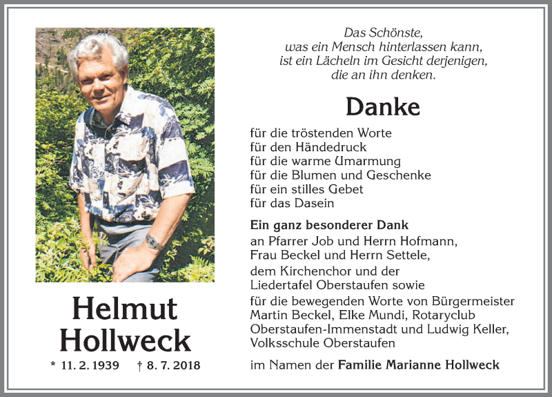 Traueranzeige von Helmut Hollweck von Allgäuer Anzeigeblatt