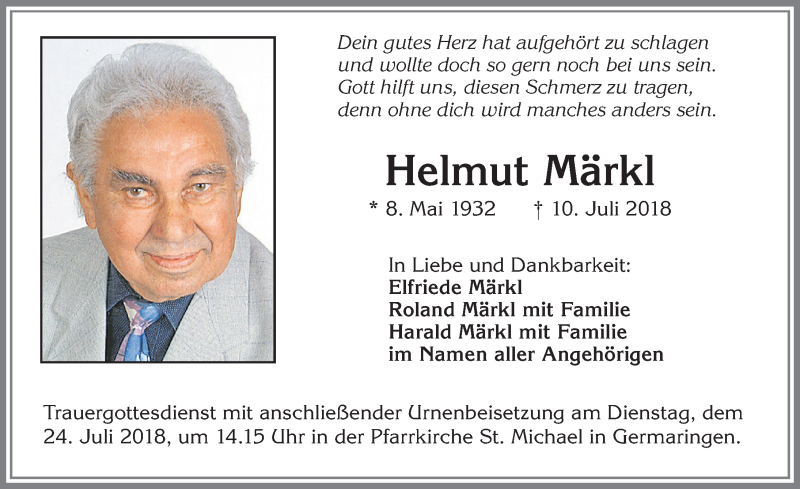 Traueranzeige von Helmut Märkl von Allgäuer Zeitung, Kaufbeuren/Buchloe