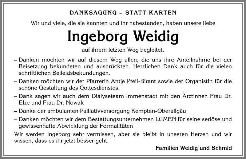 Traueranzeige von Ingeborg Weidig von Allgäuer Anzeigeblatt