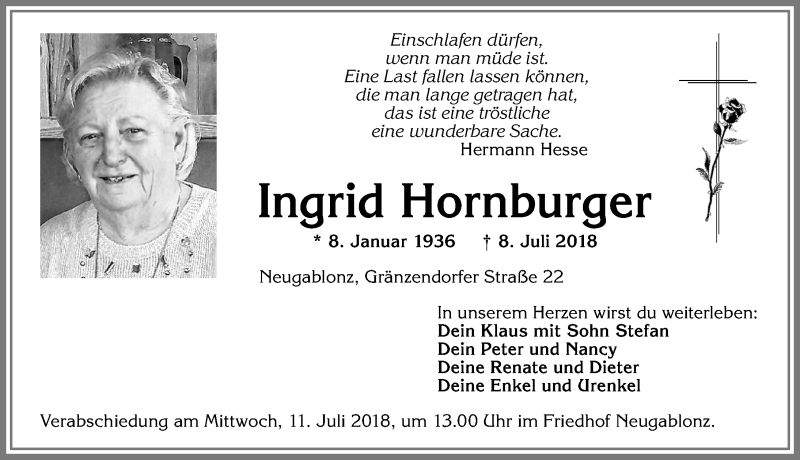 Traueranzeige von Ingrid Hornburger von Allgäuer Zeitung, Kaufbeuren/Buchloe