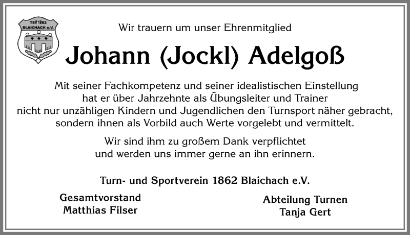 Traueranzeige von Johann Adelgoß von Allgäuer Anzeigeblatt