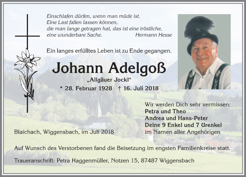 Traueranzeige von Johann Adelgoß von Allgäuer Anzeigeblatt