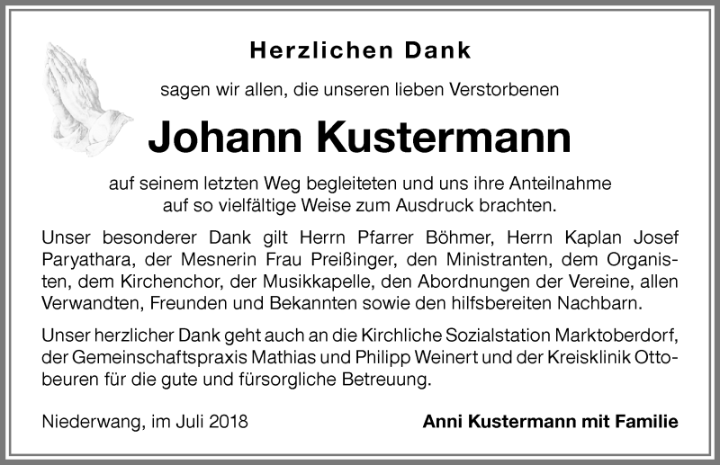 Traueranzeige von Johann Kustermann von Allgäuer Zeitung, Marktoberdorf