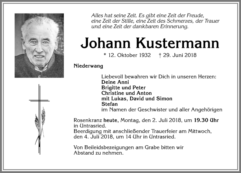 Traueranzeige von Johann Kustermann von Allgäuer Zeitung