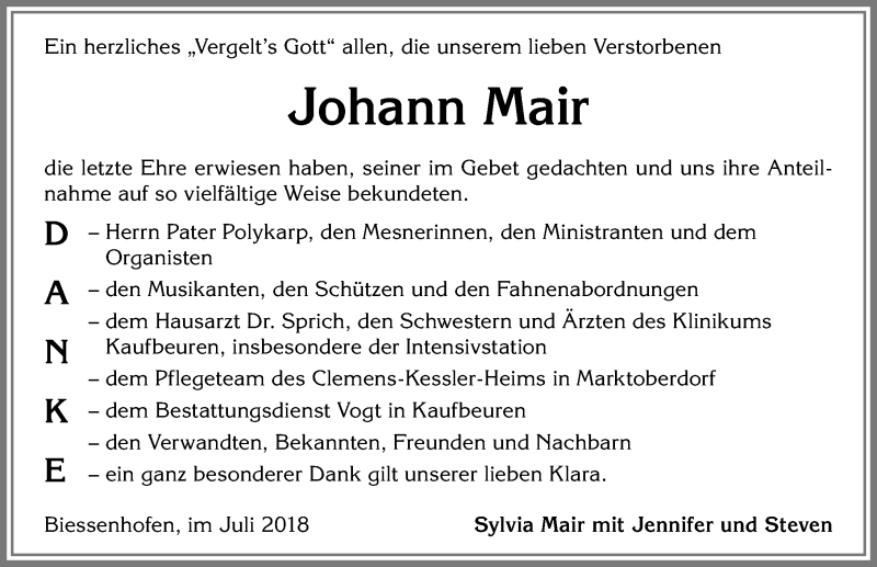 Traueranzeige von Johann Mair von Allgäuer Zeitung