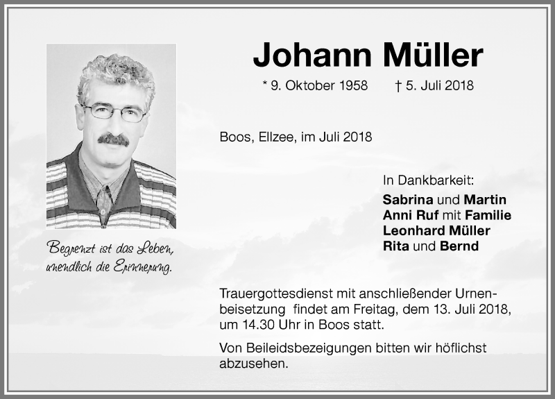 Traueranzeige von Johann Müller von Allgäuer Zeitung