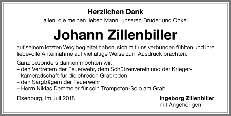 Traueranzeige von Johann Zillenbiller von Memminger Zeitung