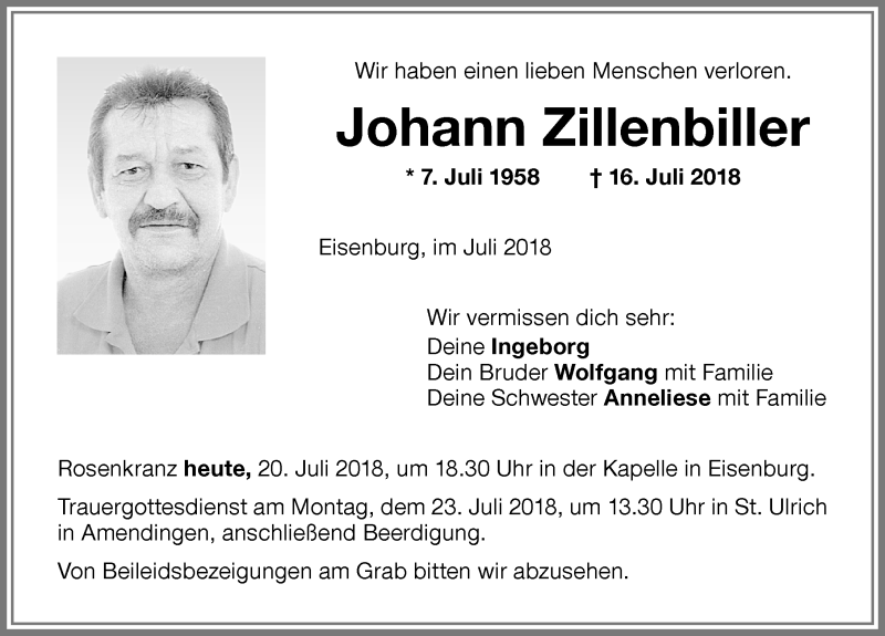 Traueranzeige von Johann Zillenbiller von Memminger Zeitung