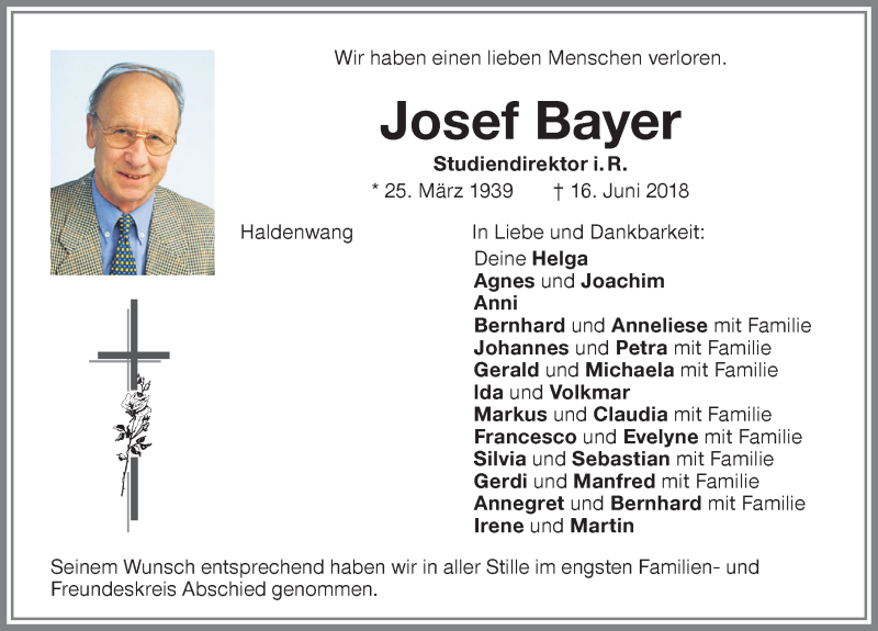 Traueranzeige von Josef Bayer von Allgäuer Zeitung,Kempten