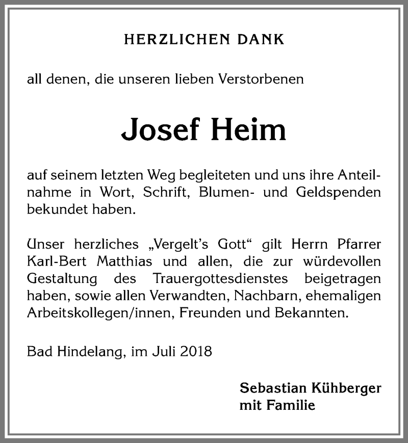 Traueranzeige von Josef Heim von Allgäuer Anzeigeblatt