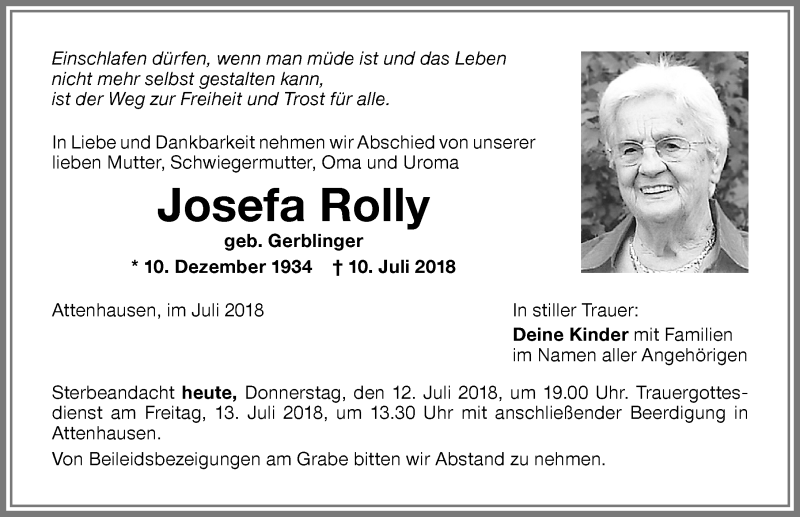 Traueranzeige von Josefa Rolly von Memminger Zeitung