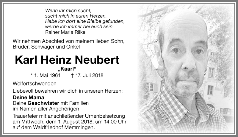  Traueranzeige für Karl Heinz Neubert vom 28.07.2018 aus Memminger Zeitung