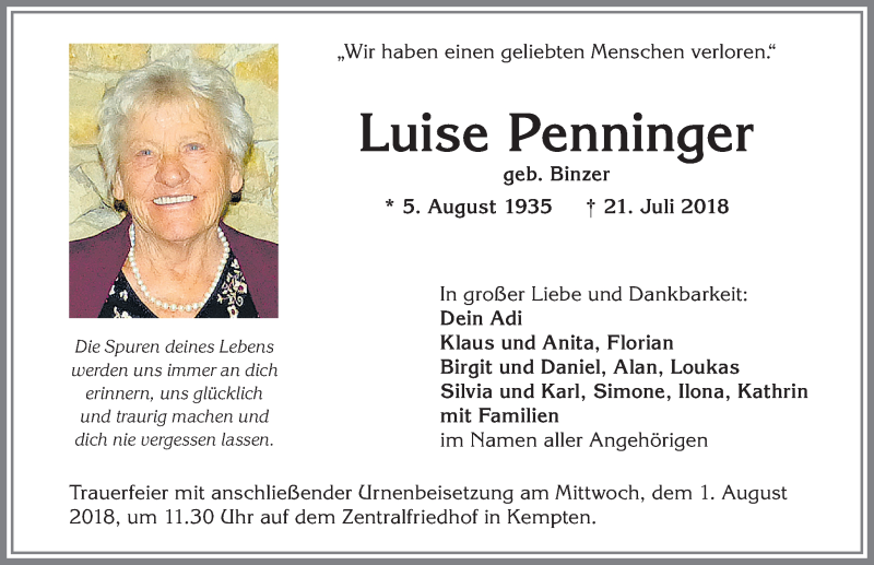 Traueranzeige von Luise Penninger von Allgäuer Zeitung,Kempten