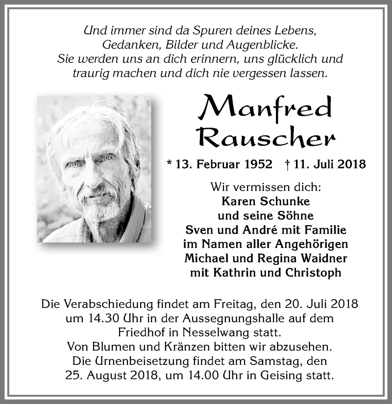Traueranzeige von Manfred Rausche von Allgäuer Zeitung, Füssen
