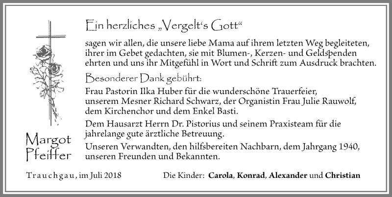 Traueranzeige von Margot Pfeiffer von Allgäuer Zeitung, Füssen