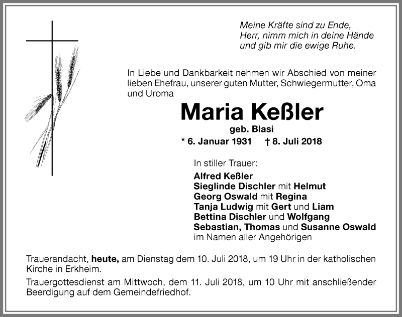 Traueranzeige von Maria Keßler von Memminger Zeitung