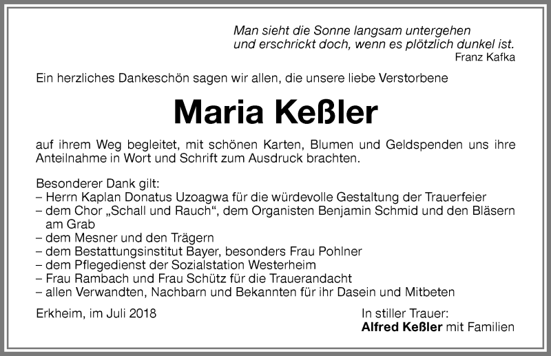 Traueranzeige von Maria Keßler von Memminger Zeitung