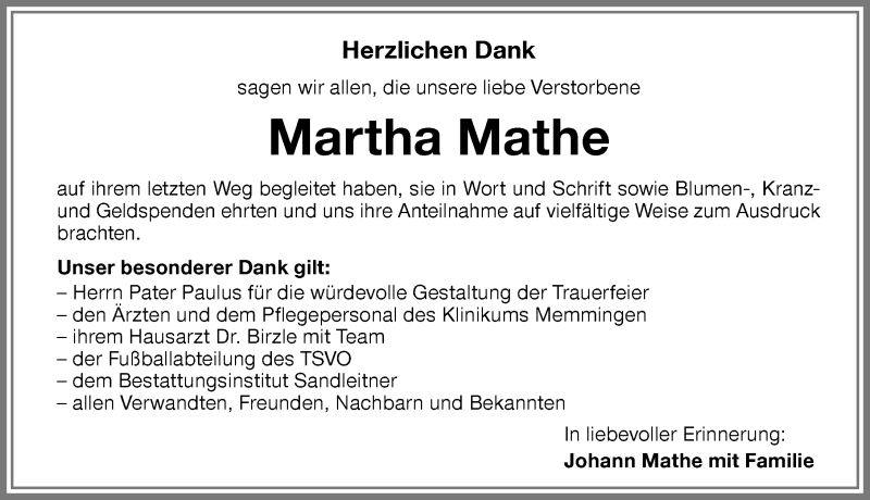 Traueranzeige von Martha Mathe von Memminger Zeitung