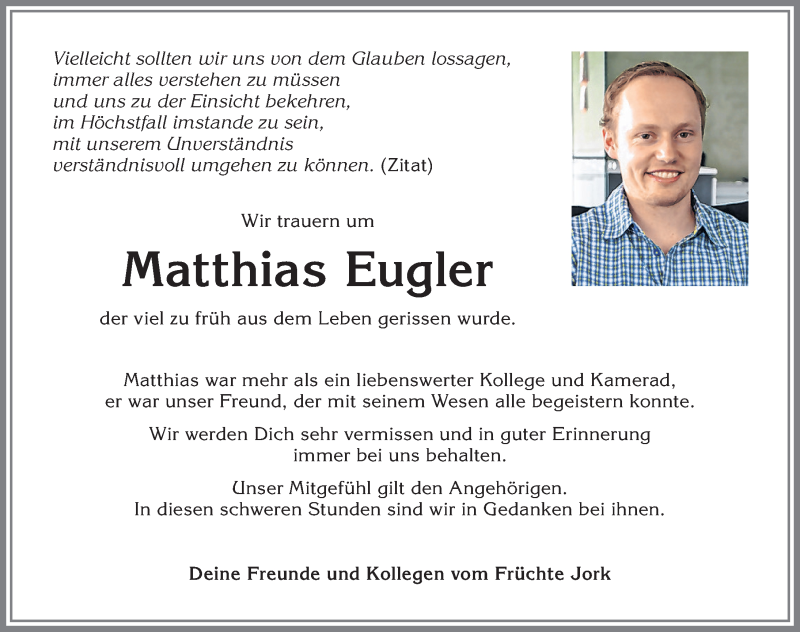 Traueranzeige von Matthias Eugler von Allgäuer Zeitung, Gesamtausgabe