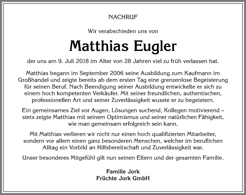 Traueranzeige von Matthias Eugler von Allgäuer Zeitung, Gesamtausgabe