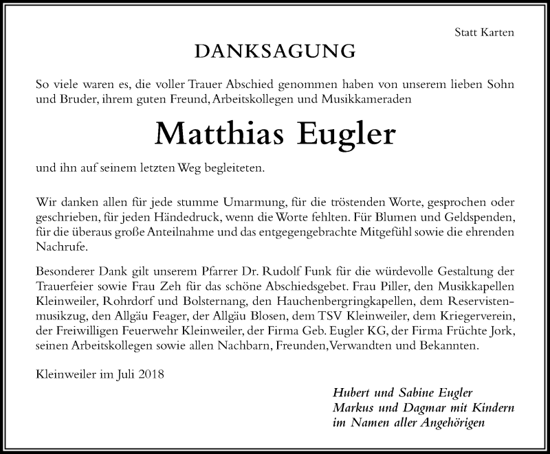 Traueranzeige von Matthias Eugler von Der Westallgäuer