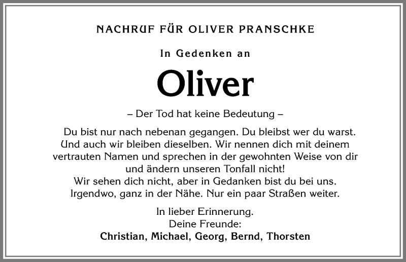 Traueranzeige von Oliver Pranschke von Allgäuer Zeitung, Kaufbeuren/Buchloe