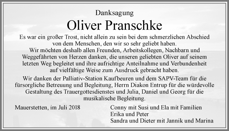 Traueranzeige von Oliver Pranschke von Allgäuer Zeitung, Kaufbeuren/Buchloe