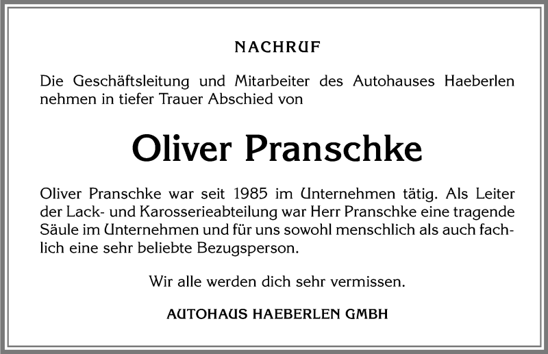 Traueranzeige von Oliver Pranschke von Allgäuer Zeitung, Kaufbeuren/Buchloe