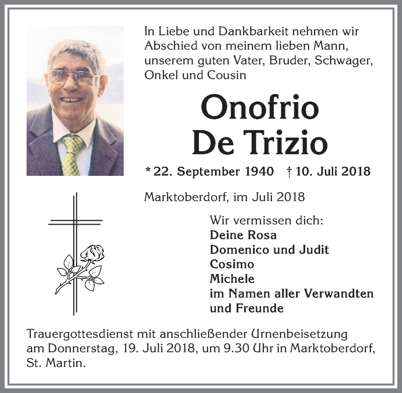 Traueranzeige von Onofrio De Trizio von Allgäuer Zeitung, Marktoberdorf