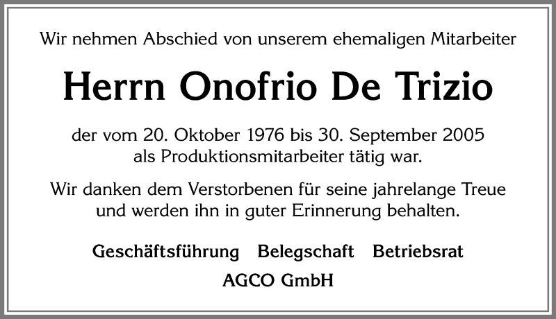 Traueranzeige von Onofrio De Trizio von Allgäuer Zeitung, Marktoberdorf