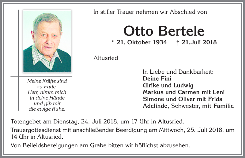 Traueranzeige von Otto Bertele von Allgäuer Zeitung,Kempten