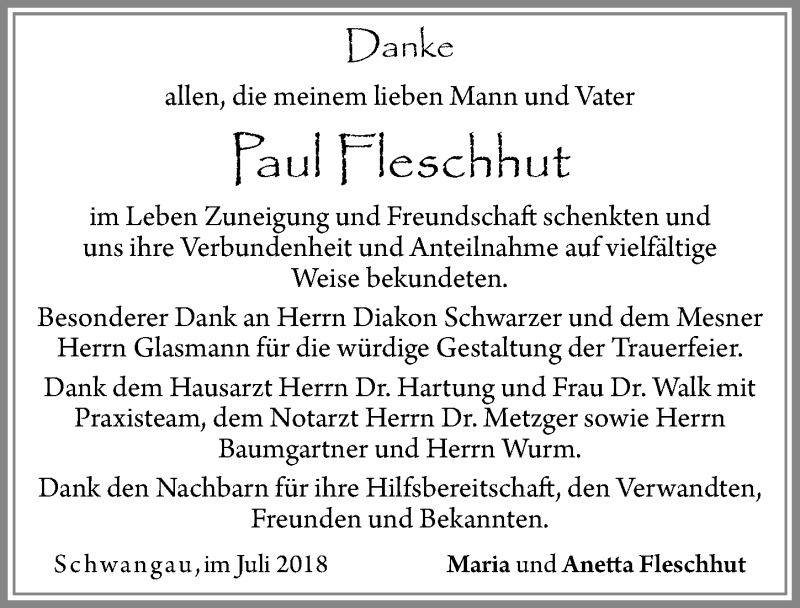 Traueranzeige von Paul Fleschhut von Allgäuer Zeitung, Füssen