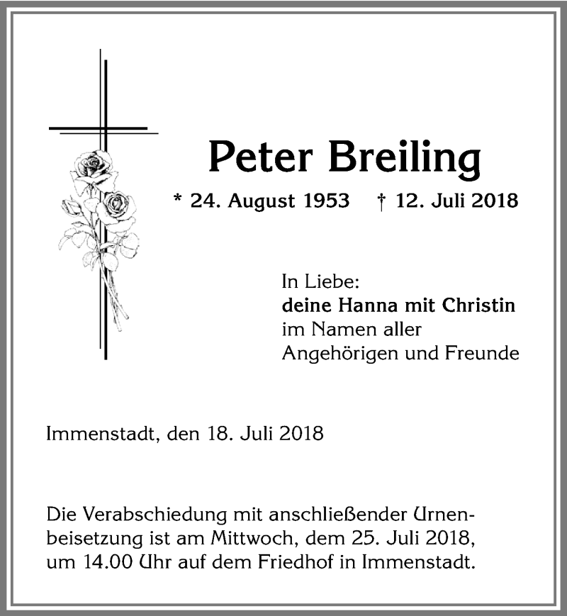 Traueranzeige von Peter Breiling von Allgäuer Anzeigeblatt