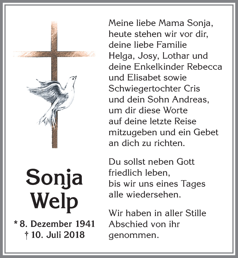 Traueranzeige von Sonja Welp von Allgäuer Zeitung,Kempten