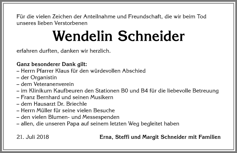 Traueranzeige von Wendelin Schneider von Allgäuer Zeitung, Kaufbeuren/Buchloe