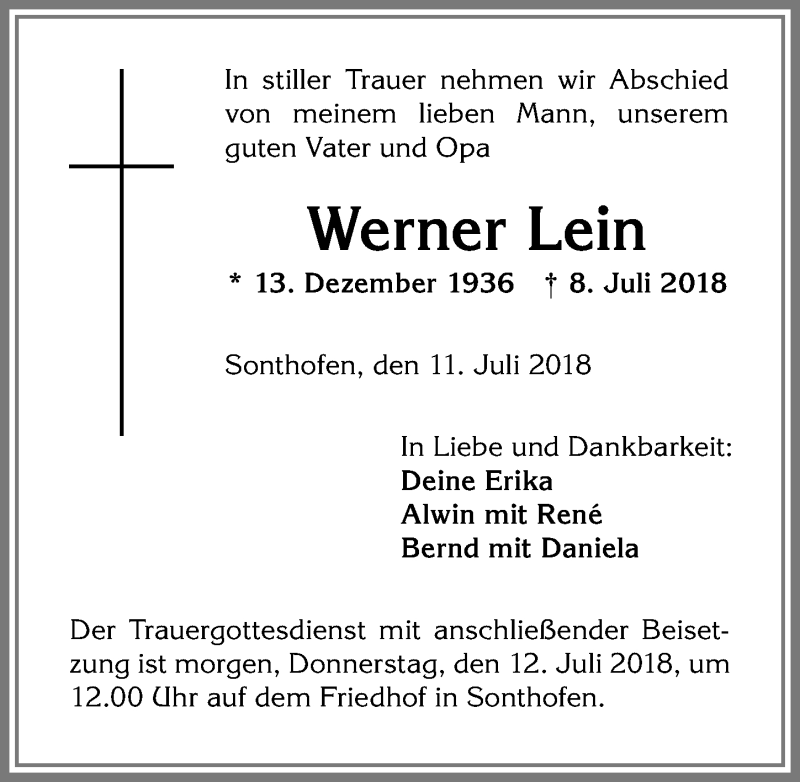 Traueranzeige von Werner Lein von Allgäuer Anzeigeblatt