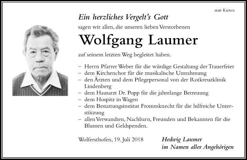 Traueranzeige von Wolfgang Laumer von Der Westallgäuer