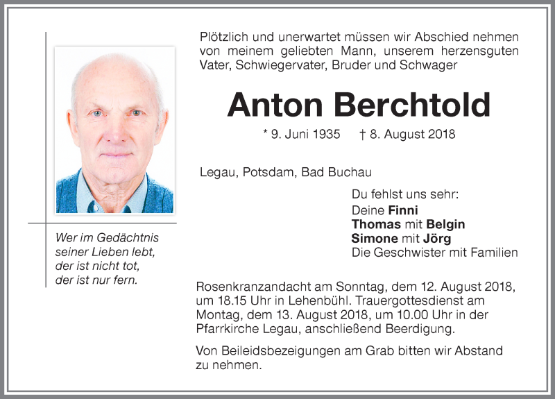 Traueranzeige von Anton Berchtold von Memminger Zeitung