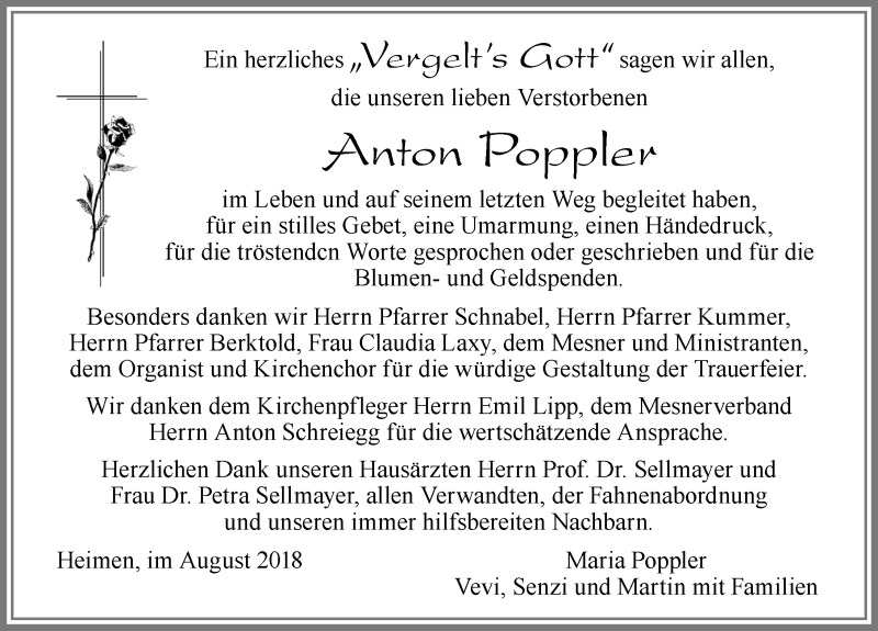 Traueranzeige von Anton Poppler von Allgäuer Zeitung, Füssen