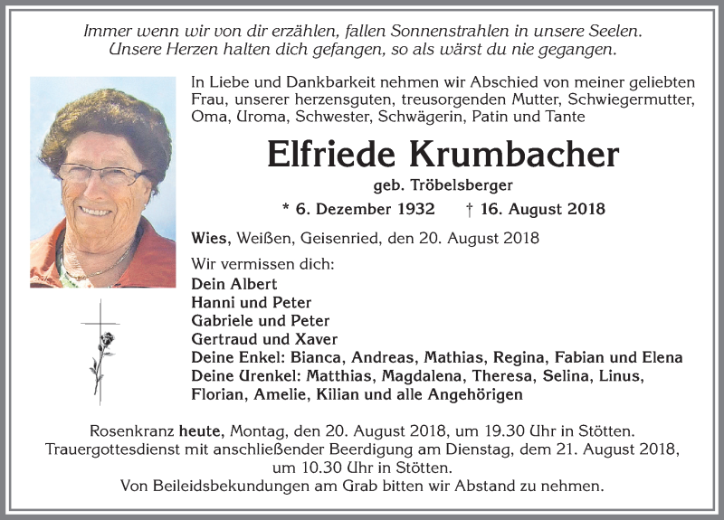 Traueranzeige von Elfriede Krumbacher von Allgäuer Zeitung, Marktoberdorf