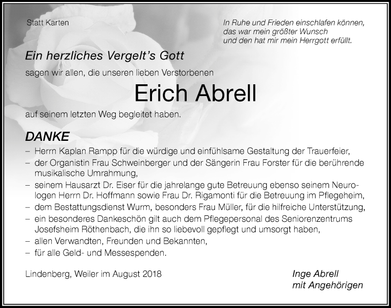 Traueranzeige von Erich Abrell von Der Westallgäuer